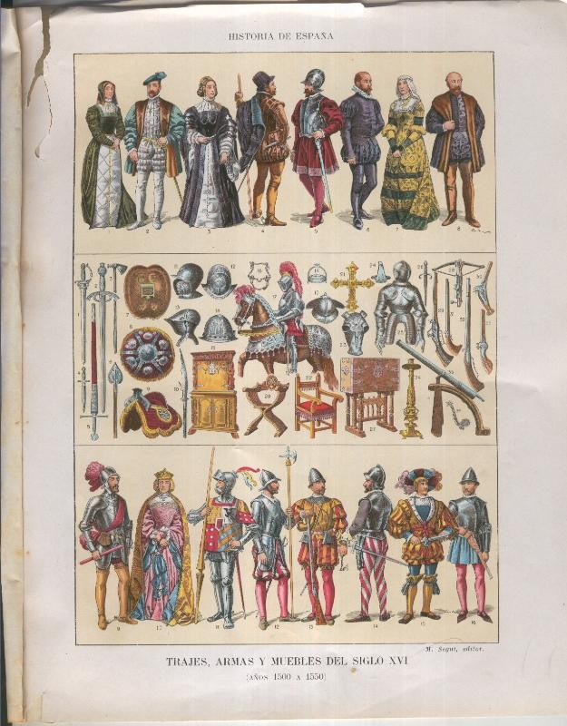 Historia de España lamina 032: Trajes, armas y muebles del siglo XVI (1500 a 1550)