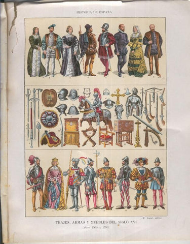 Historia de España lamina 032: Trajes, armas y muebles del siglo XVI (1500 a 1550)