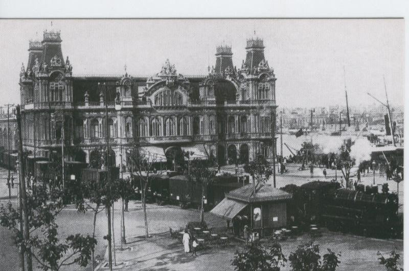 Postal 012173: Tren de mercancias en Plaza de Colon, Barcelona, año 1920