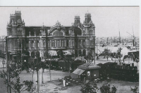 Postal 012173: Tren de mercancias en Plaza de Colon, Barcelona, año 1920