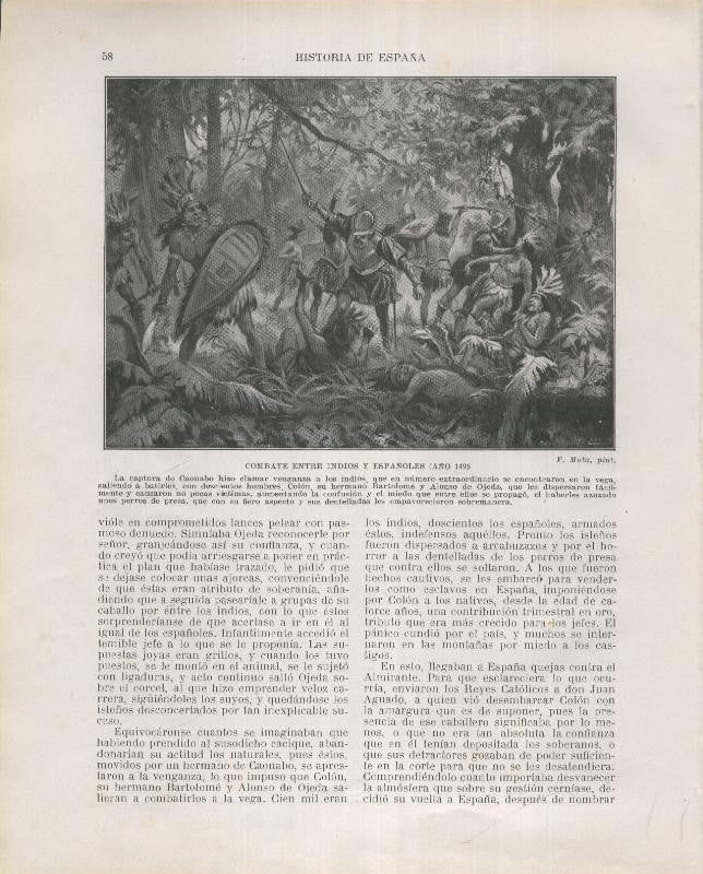 Historia de España lamina 083: Combate entre indios y españoles (1495)