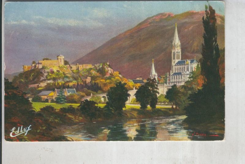 Postal 012231: La basilique et le chateau fort de Lourdes, cuadro de Edlux