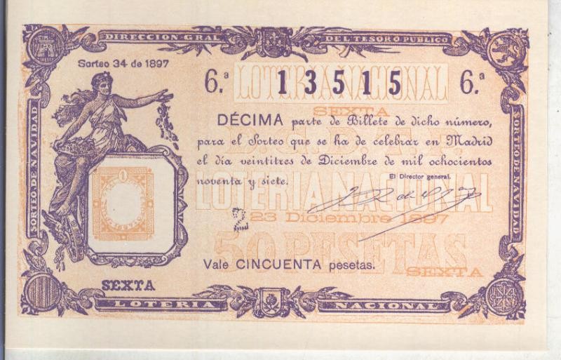 Postal 013684: Primer premio de la loteria nacional del 23.12.1897