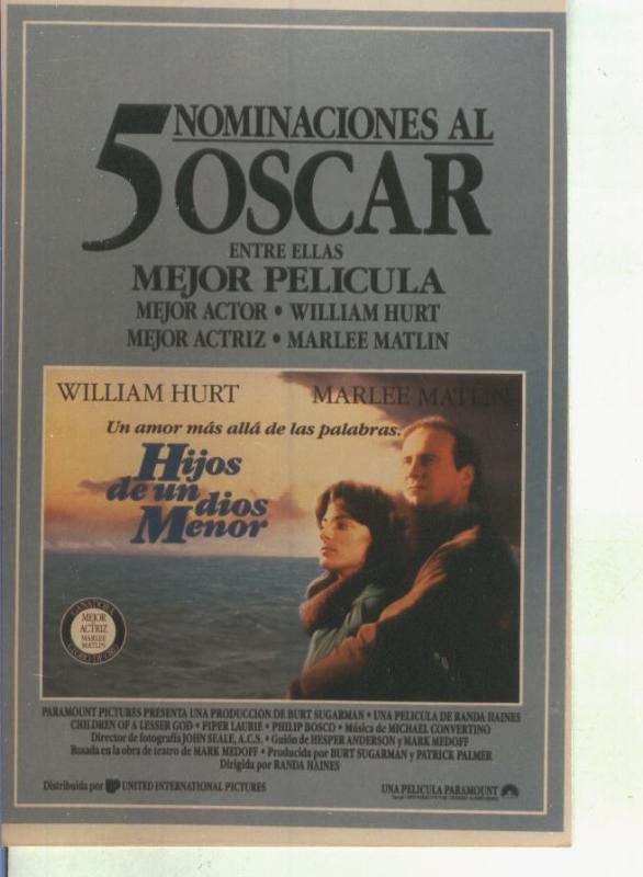 Foto cine 058: Hijos de un dios menor (William Hurt-Marlee Matlin(