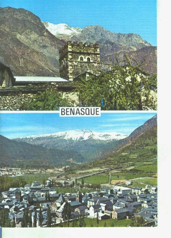 Postal 014381: Torreon casa Yuste y vista general de Benasque, Huesca