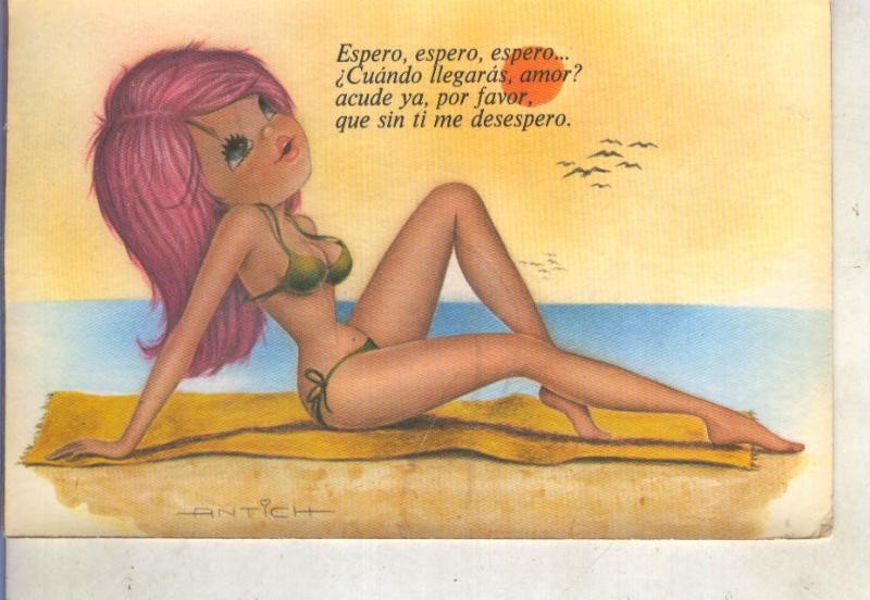 Postal 014902: Chica en la playa, ilustracion de Antich