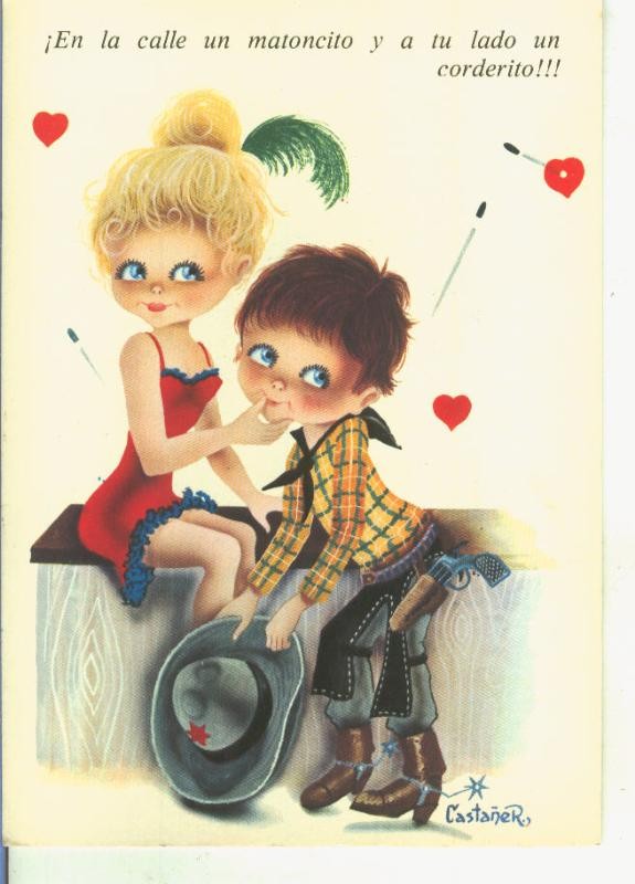 Postal 015002: Pareja de vaquero ilustrado por Castañer