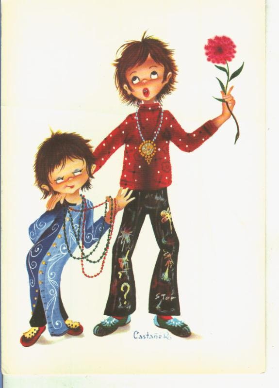 Postal 015003: Pareja de hippies ilustrado por Castañer