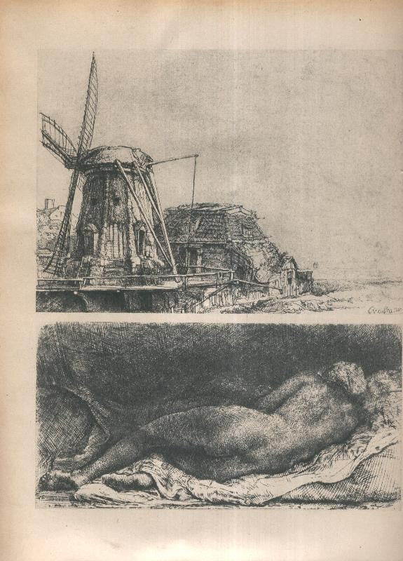 Rembrandt lamina 074: Paisaje con Molinos y Negra durmiendo