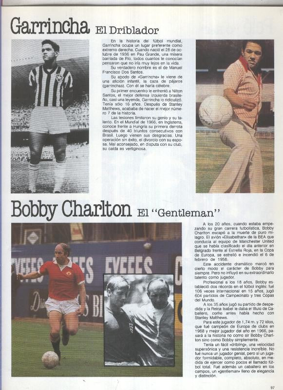 España 1982 lamina 19: Articulo sobre Garrincha y Bobby Charlton