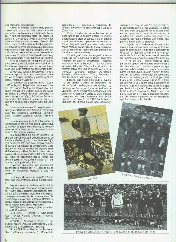 España 1982 lamina 34: Zamora, Alcantara, Samitier y Piera + Seleccion de 1929