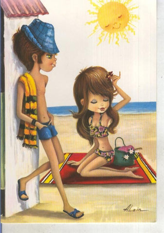 Postal 015255: Pareja en la playa, ilustracion de Alain