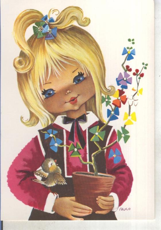 Postal 015287: Niña con pajarito y maceta, ilustracion de Nuco