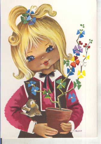 Postal 015287: Niña con pajarito y maceta, ilustracion de Nuco