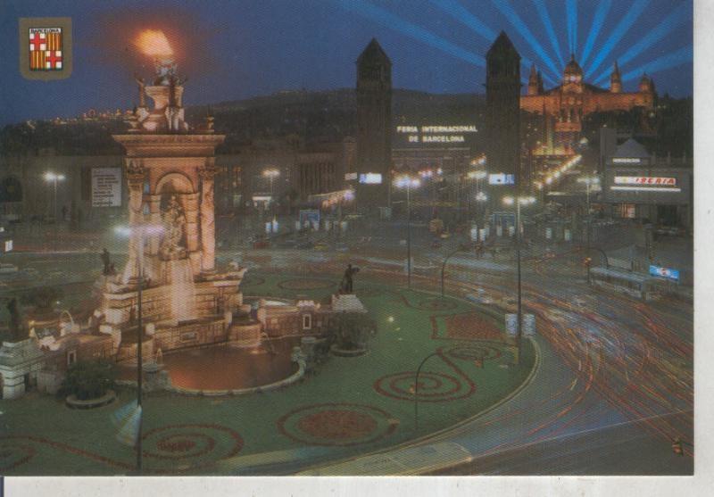 Postal 015912: Vista nocturna de la plaza españa y montjuich e Barcelona