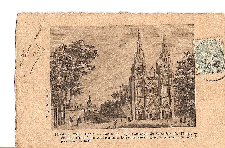 Postal 023112 : Suissons, XVIII, Façade de leglise abbatiale de Saint Jean des Vignes