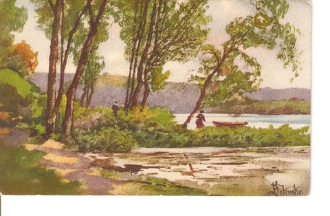 Postal 023140 : Pintura. Paisaje, al fondo lago