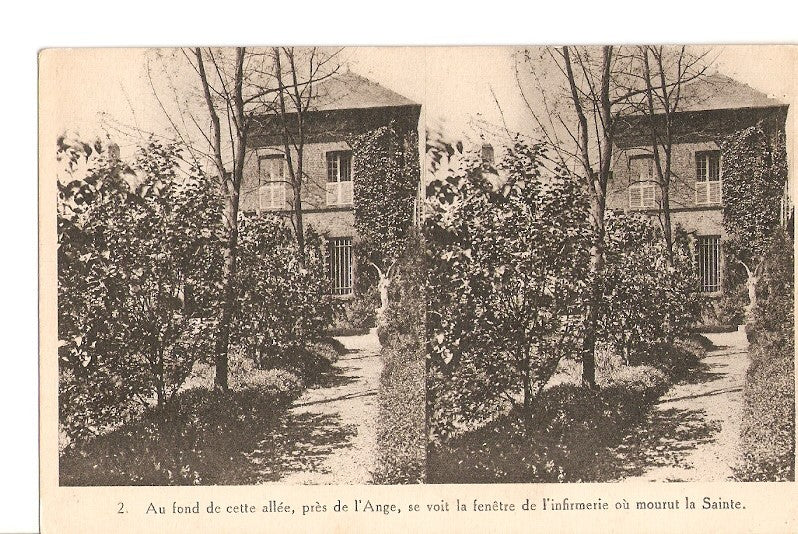 Postal 027039 : Au fond de cette allee, pres de lAnge, se voit la fenêtre de linfirmerie ou mourut la Sainte