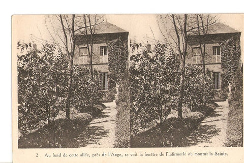 Postal 027039 : Au fond de cette allee, pres de lAnge, se voit la fenêtre de linfirmerie ou mourut la Sainte