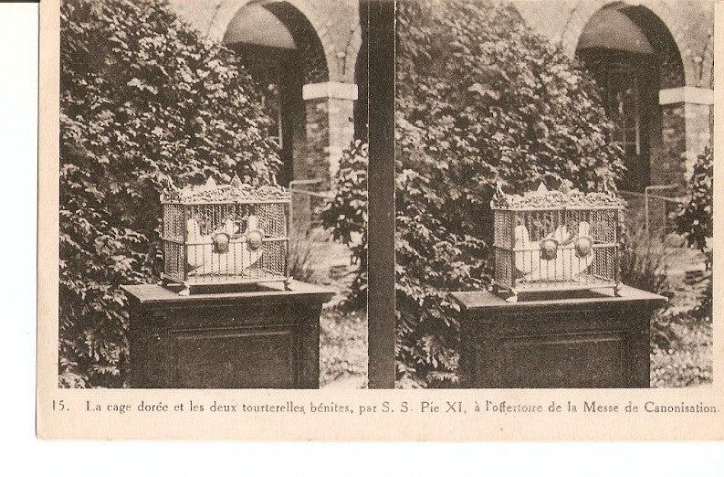 Postal 027041 : La cage doree et les deux tourterelles benites, par S. S. Pie XI, a loffertoire de la Messe de Canonisation