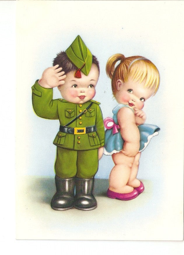 Postal 028077 : Dibujo de un niño vestido de militar y una cria