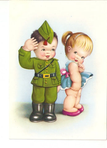 Postal 028077 : Dibujo de un niño vestido de militar y una cria
