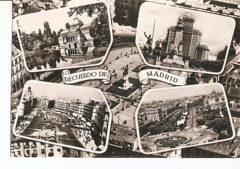 Postal 028375 : Madrid, Palacio Cristal - Monumento Cervantes, Puerta del Sol, Paseo del Prado