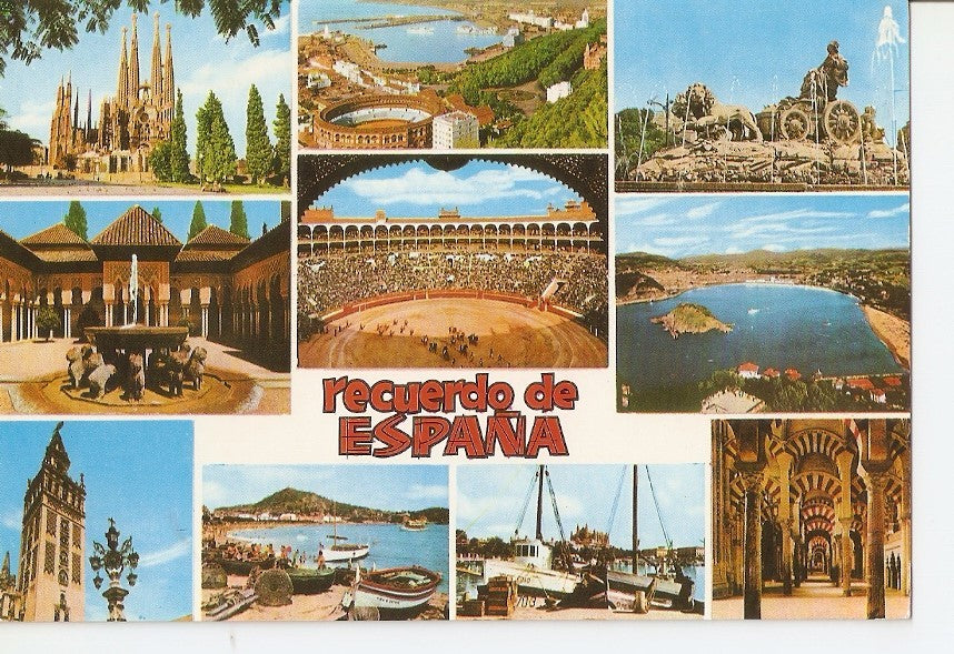 Postal 028627 : Barcelona-Malaga-Madrid. España, Granada-Plaza de Toros - San Sebastian, Sevilla-Costa Brava-Mallorca-Cordoba