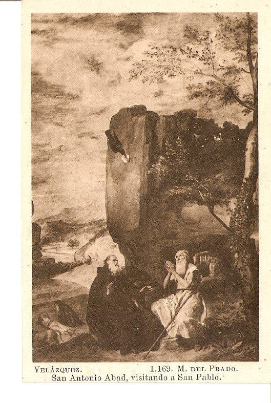 Postal 029052 : Velazquez. San Antonio Abad, visitando a San Pablo. Museo del Prado