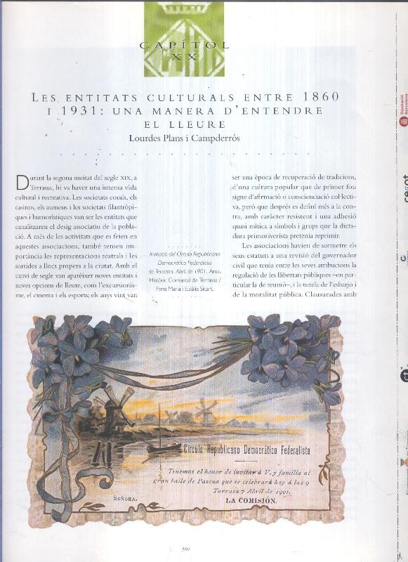 Terrassa capitol XX: Les entitats culturals entre 1860 u 1931: una manera d,entendre el lleure