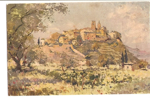 Postal 024895 : Pintura de paisaje de fondo un  pueblo en lo alto de una colina