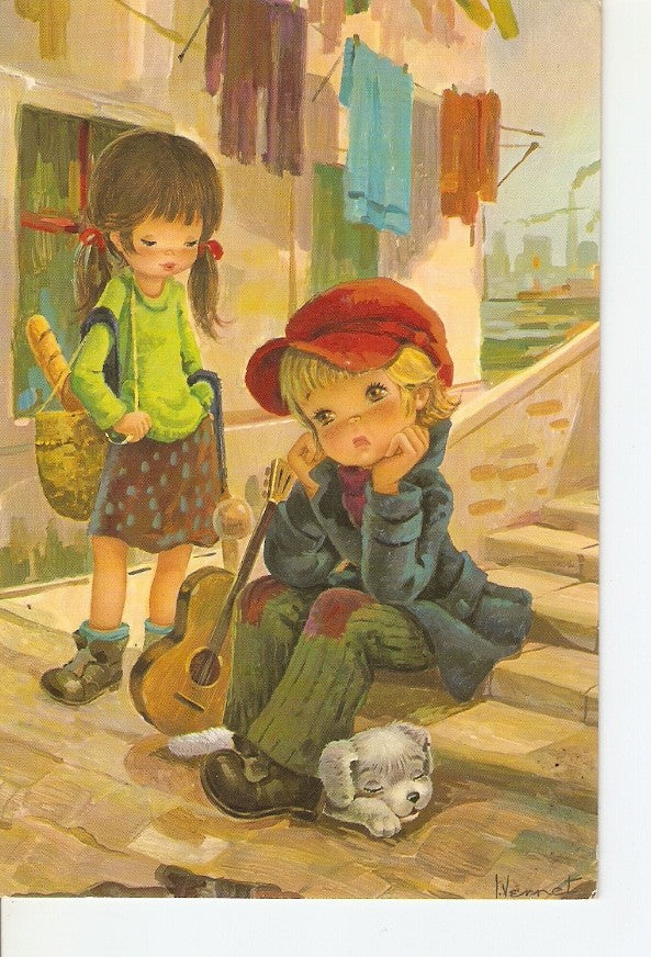Postal 025250 : Dibujo. Niños en la calle