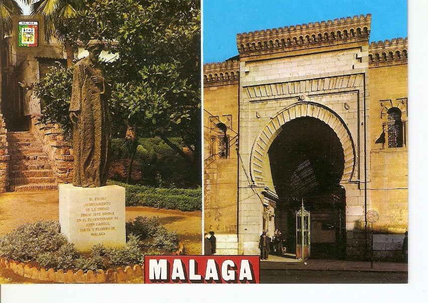 Postal 029449 : Malaga (Costa del Sol) Puerta de Atarazanas. Siglo XIII. Estatua de Aben Gabirol poeta y filosofo