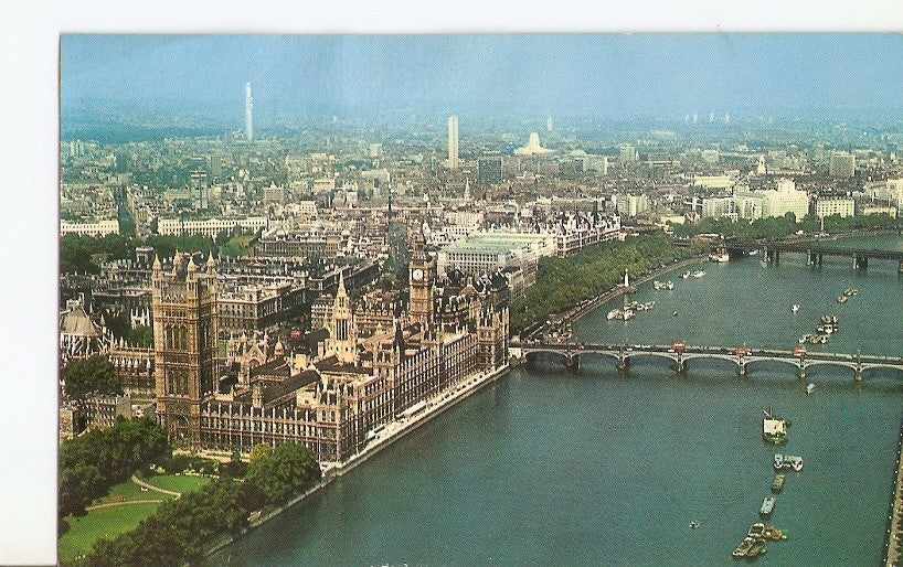 Postal 030717 : Aerial view of the River Thames and Houses of Parliament with Westminster Bridge and the Embankment London