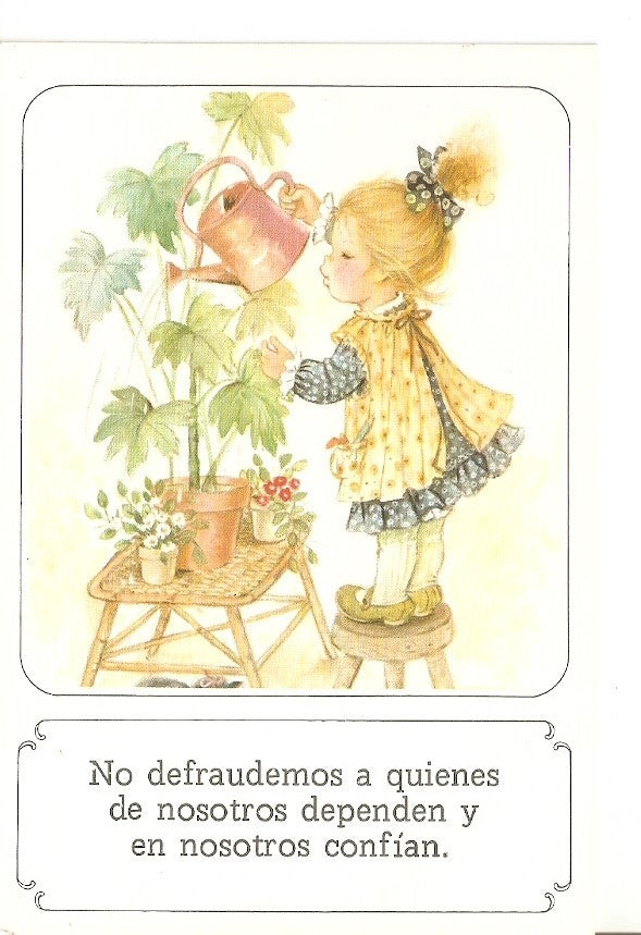 Postal 030913 : Dibujo. Niña sobre taburete regando plantas