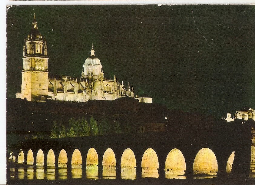 Postal 031151 : Salamanca. Catedral y Puente Romano. Efecto nocturno