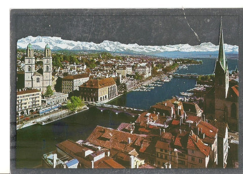 Postal 032211 : Switzerland Zurich mit Grossmunster Wasserkirche Limmat Frauenmunster und den Alpen