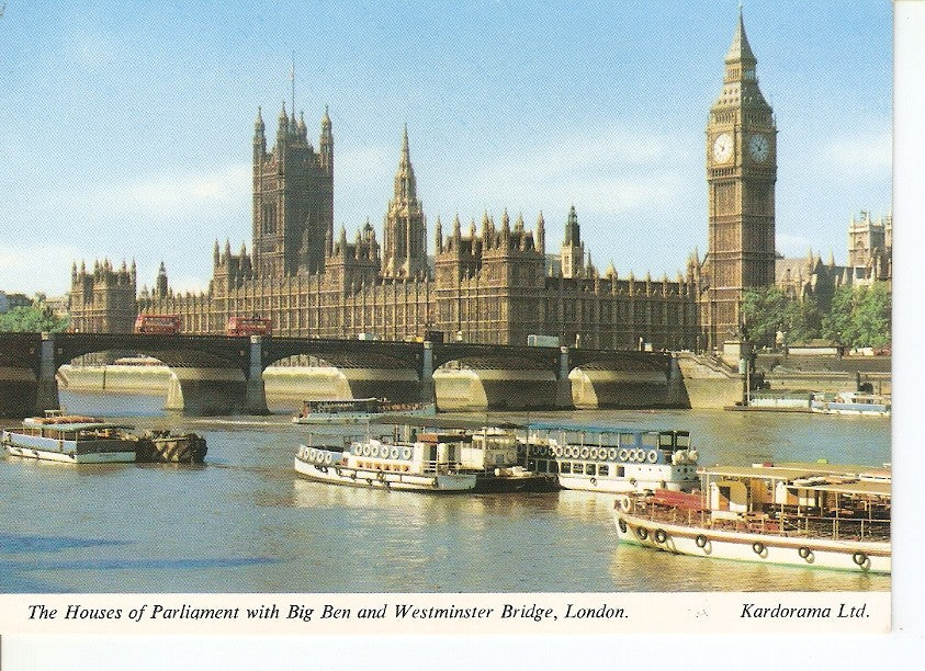 Postal 032722 : The Houses of Parliament with Big Ben and Westminster Bridge London