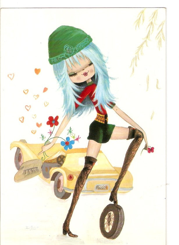 Postal 033357 : Dibujo chica y su coche