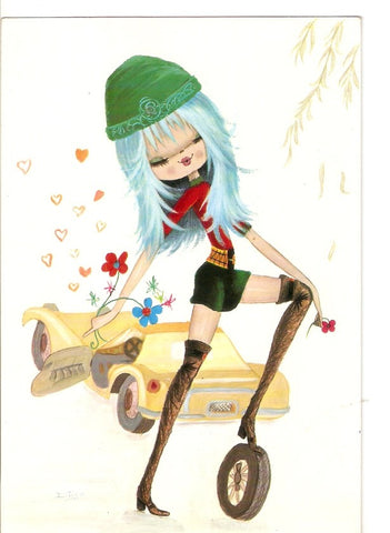 Postal 033357 : Dibujo chica y su coche