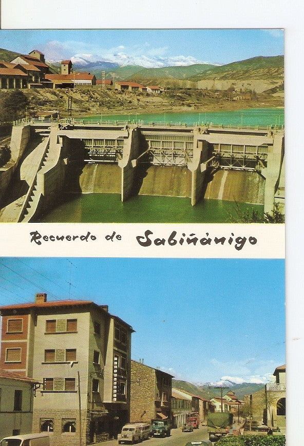Postal 033429 : Pirineo Aragones Sabiñanigo. Presa en el rio Gallego y Avenida del Ejercito