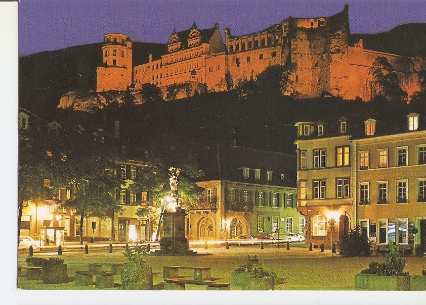 Postal 033614 : Heidelberg. Kornmarkt und Schloss bei Nacht