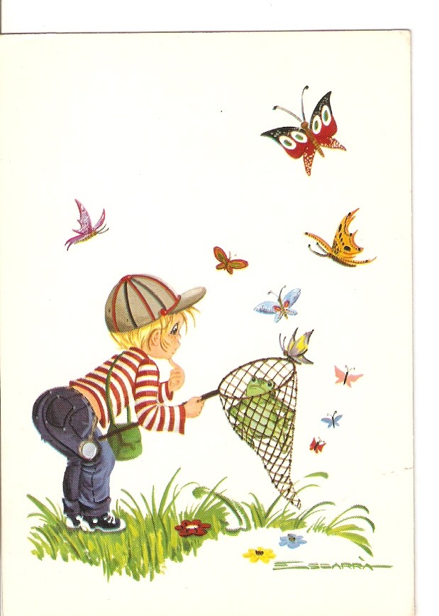 Postal 033799 : Dibujo niño cazando rana