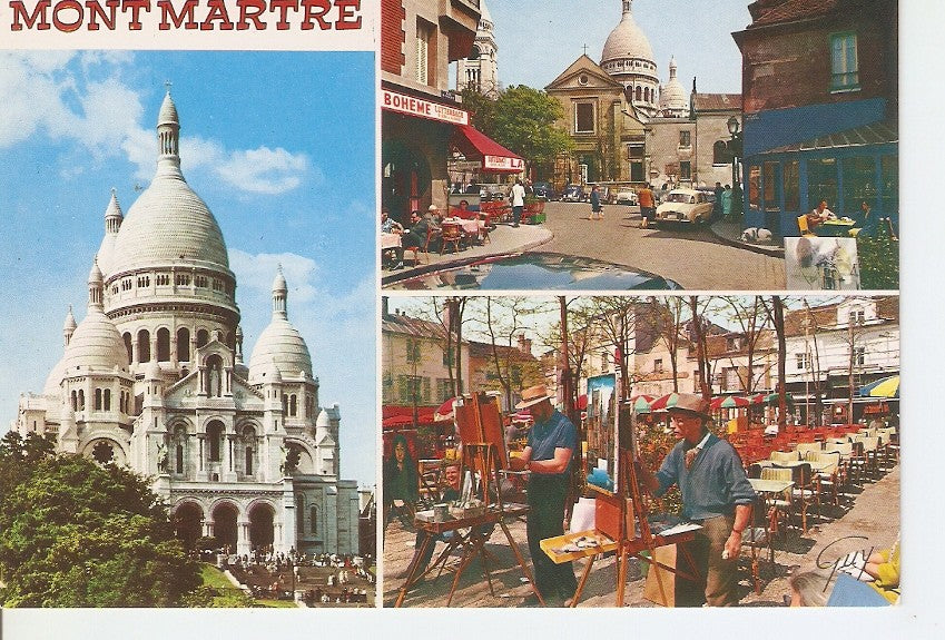 Postal 034522 : La basilique du Sacre-Coeur. Leglise Sanit Pierre et la basilique du Sacre-Coeur vues de la place tu Tertre. Peintres de la place du Tertre