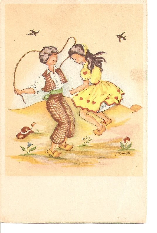 Postal 036119 : Pareja saltando a la comba. Dibujo
