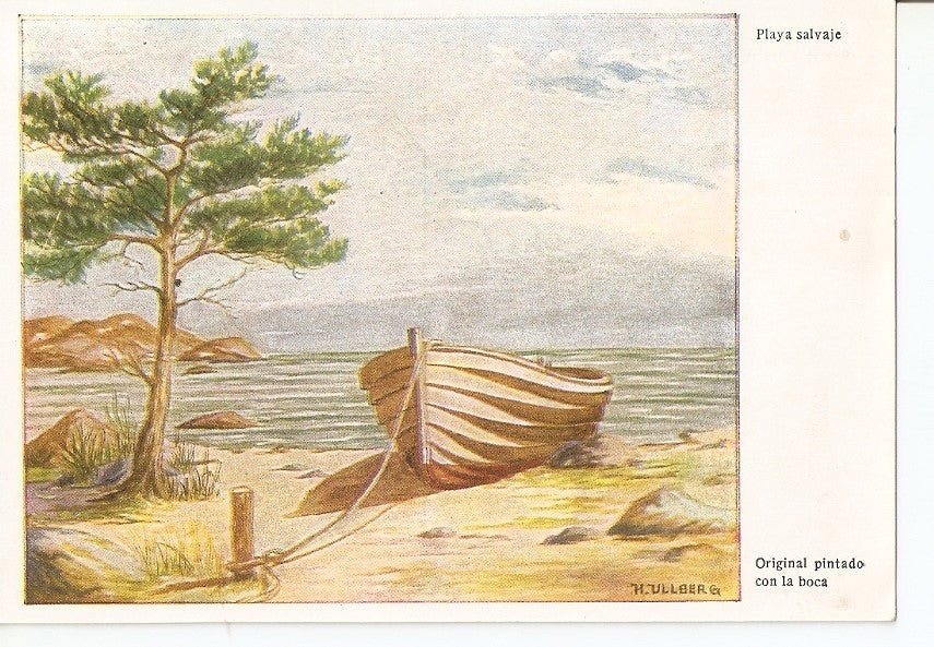 Postal 037228 : Playa Salvaje. Original pintado con la boca por H. Ullberg