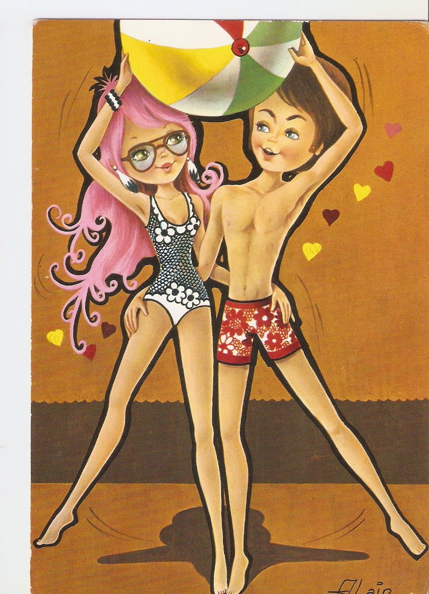 Postal 037637 : Dibujo pareja con balon de playa