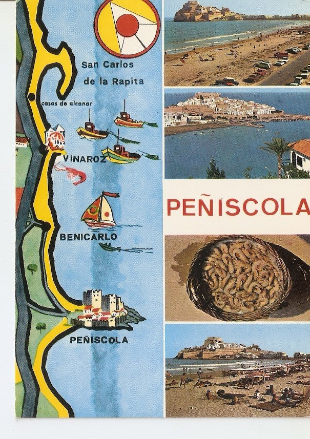Postal 040366 : Peñiscola (Castellon). Castillo playa y tipica parena de langostinos