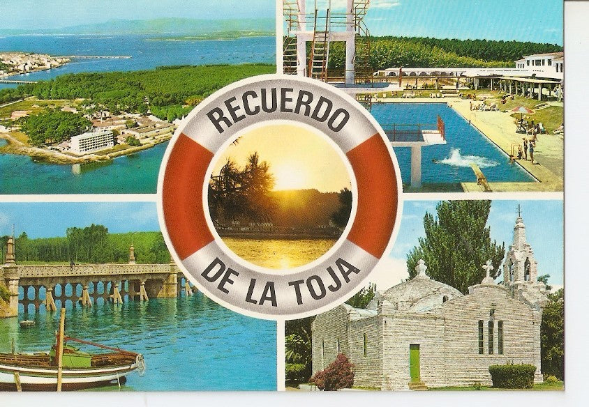 Postal 040877 : La Toja (lista de Ensueño). Vista aerea. Piscina. Puesta de Sol. El Puente y la Capilla