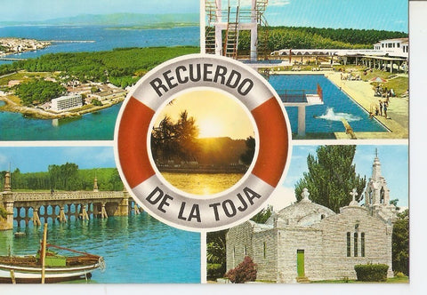 Postal 040877 : La Toja (lista de Ensueño). Vista aerea. Piscina. Puesta de Sol. El Puente y la Capilla